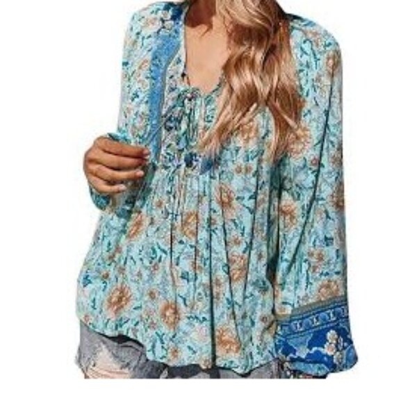 Gaevet Women's Blouse Boho Print Viscose Peasant Med New with Tags - Picture 8 of 8